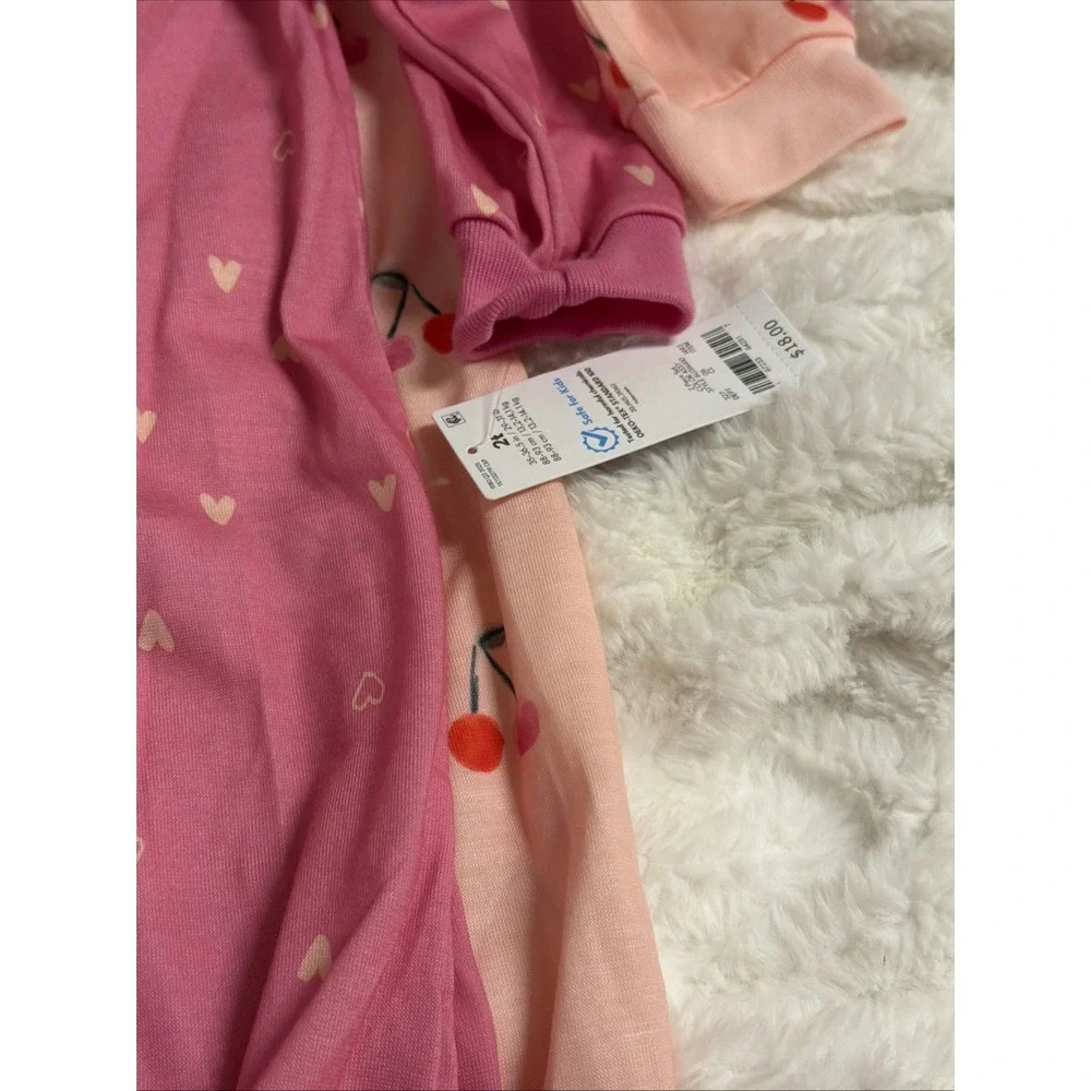 Toddler Girls' Carter's 2-Pack Pink Heart & Cherry Footie Pajamas Size 2T NWT